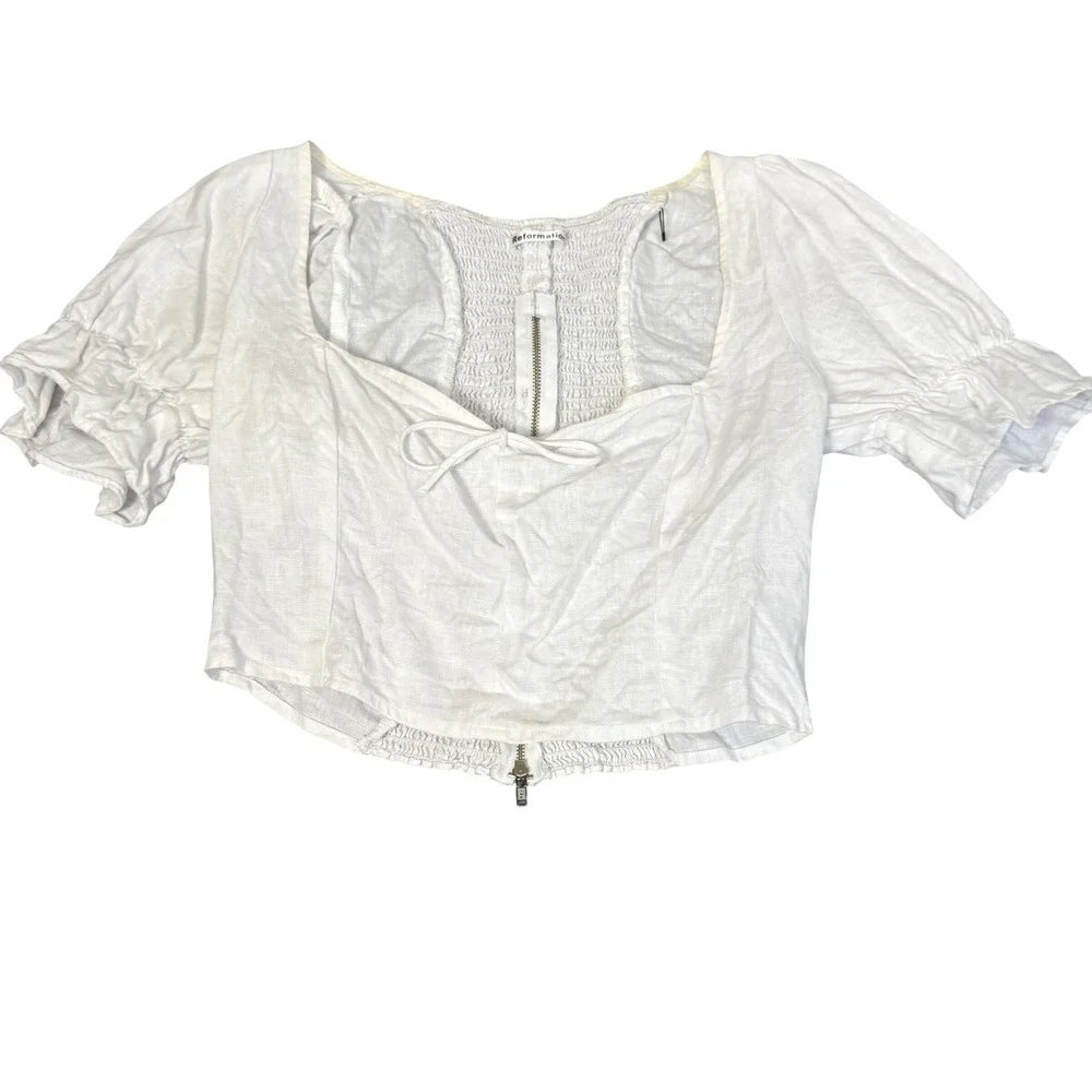 Reformation Linen Crop Top Milkmaid Peasant 4 White Puff Sleeve Boho Cottagecore